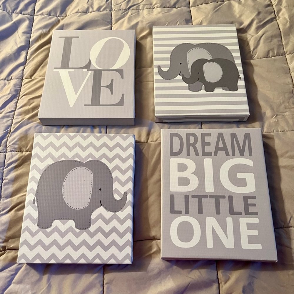 4 Piece Wall Decor - Cute Elephant Print - Great for a nursery - Boy or Girl!